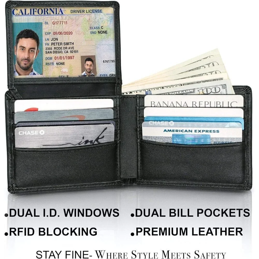 🆕Men Black Top Grain Leather Extra Capacity Bifold Strong Stitching Wallet